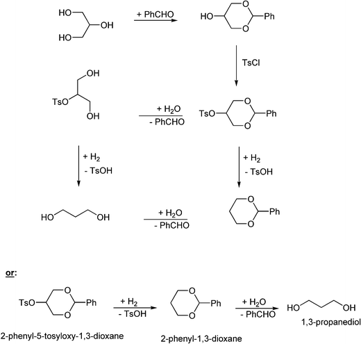 Alternative process from glycerol to 1,3-propanediol using protection groups.