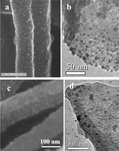 (a) FESEM image and (b) TEM image of Pt decorated BCN nanotubes. (c) FESEM image and (d) TEM image of Au decorated BCN nanotubes.