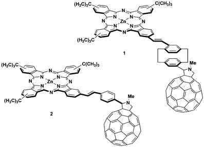 
          tert-Butylphthalocyanine–fullerene donor–acceptor conjugates 1 and 2.