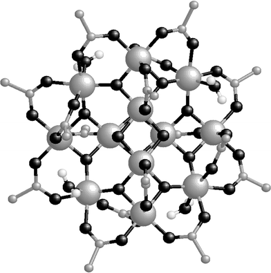 Molecular structure of [Mn12O12(CH3COO)16(H2O)4] with the manganese atoms represented by large grey spheres, oxygen atoms by black spheres and carbon ones by small grey spheres. Hydrogen atoms of the methyl groups and crystallization molecules of water and of acetic acid are not shown for the sake of clarity.