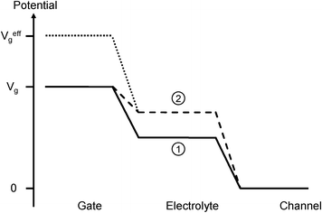 Potential diagram of the OECT. In the absence of glucose (solid line), the electrolyte potential (1) is determined by the relative capacitances at the gate and channel interfaces. In the presence of glucose (dashed line), the electrolyte potential (2) is increased according to the Nernst equation. The effective gate voltage (dotted line) is the gate voltage required to produce the same electrolyte potential (2) in the absence of Faradaic effects. The lines connecting gate, electrolyte, and channel potentials are meant as guides to the eye.