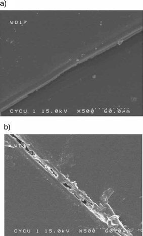 Test of healing ability: (a) knife cut cross-linked film surface; (b) thermally self-repaired cross-linked film surface: 120 °C, 3 h and 50 °C, 5 d. Reproduced with permission from ref. 34.