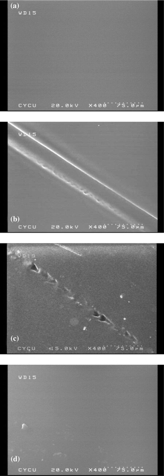 SEM micrographs of (a) pristine crosslinked polymer, (b) knife-cut sample, (c) thermally mended sample (50 °C; 12 h), and (d) thermally mended sample (50 °C; 24 h). Reproduced with permission from ref. 32.