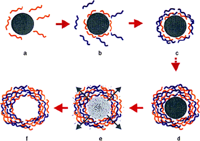 Schematic illustration of the polyelectrolyte deposition process and of subsequent core decomposition. Reprinted with permission from ref. 5. Copyright 1998, Wiley-VCH.