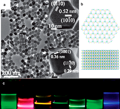(a) NaHoF4nanocrystals (reprinted with permission from ref. 88. Copyright 2006, American Chemical Society); (b) crystal structure of β-NaREF4; (c) multi-colour fluorescence up-conversion photographs of doped NaYF4nanocrystals (reprinted with permission from ref. 34. Copyright 2007, American Chemical Society).