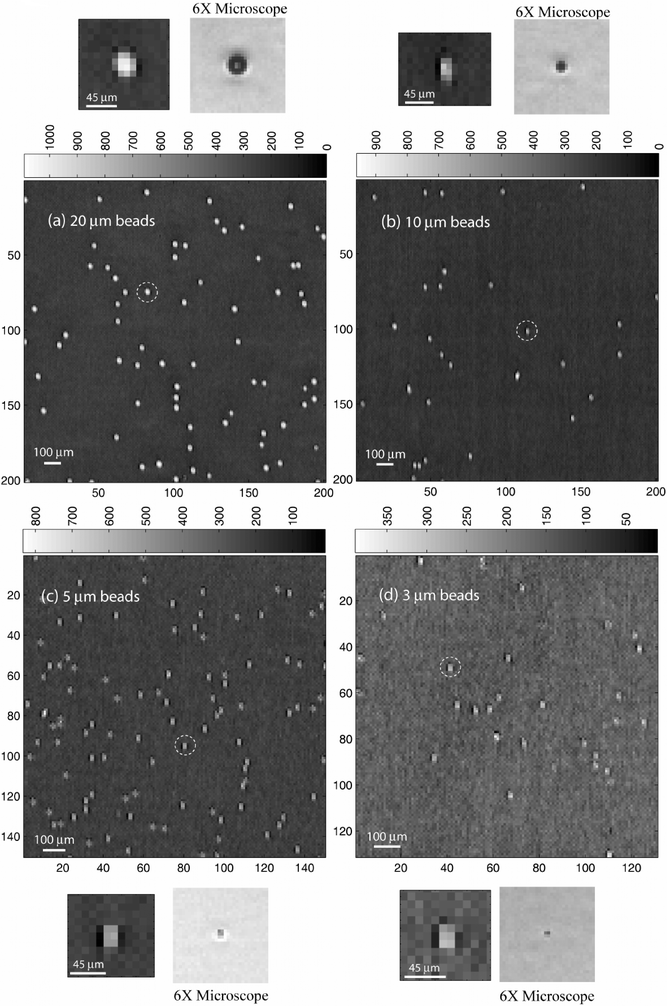 LUCAS images of polystyrene microbeads of various different sizes. Each image has next to it, a zoomed version of a bead, and its comparison with a low NA microscope image.
