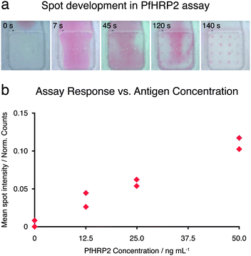 (a) Five video frames from an on-card PfHRP2 assay. The images show the development of red spots at PfHRP2 capture antibody regions during the addition of gold-antibody conjugate. Nonuniform conjugate concentration is evident across the assay membrane. (b) Plot of assay response versusantigen concentration for 8 low-concentration samples of PfHRP2 in FBS (two at each concentration). The lowest non-zero concentration is 12.5 ng mL−1 or 0.212 nM, and the assay response is as defined in the methods. Intensities are from assay cards that have been run to completion.