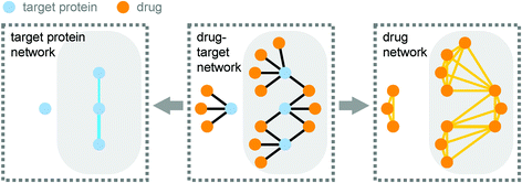 A bipartite network of drugs and their target proteins (drug-target network; centre panel) contains the information to derive both the target protein network and the drug network. In the target protein network (left panel) two proteins are linked if they are targeted by the same small molecule. In the drug network (right panel) two drugs are linked if they target the same protein. The giant component of each network is highlighted in grey. Reprinted by permission from Macmillan Publishers Ltd: Nat. Biotechnol., 2007, 25, 1119–1126, copyright 2007.