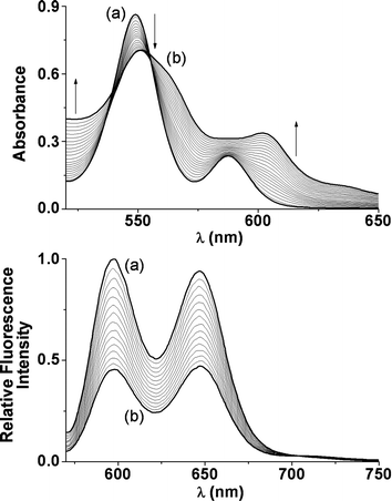 Top: UV-vis absorption spectrophotometric titration of LZn with S1: l = 0.2 cm (l: optical cell pathlength); (a) [LZn]tot = 1.85 × 10–4 M, (b) [S1]tot/[LZn]tot = 6.8. Bottom: Luminescence spectrophotometric titration of LZn with S1; λexc = 559 nm, emission and excitation slit widths 15 and 20 nm, respectively; (a) [LZn]tot = 1.79 × 10–6 M, (b) [S1]tot/[LZn]tot = 63; solvent CH2Cl2, T = 25.0(2) °C.