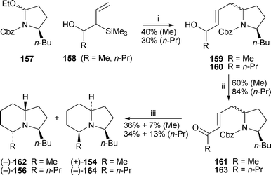 Reagents and conditions: i, 157 + SnCl4 (1 M in CH2Cl2), CH2Cl2, −78 °C, then allylsilane158 (1.1 equiv.), −20 °C, 90 min; ii, pyridinium dichromate, CH2Cl2, 25 °C, 24 h; iii, H2 (3 atm), 10% Pd/C, MeOH, rt, 5 h.