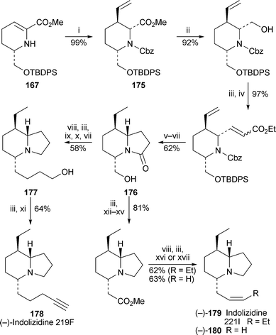 Reagents and conditions: i, (H2CCH)2CuLi, −78 °C to −10 °C; ii, LiBHEt3, THF, 0 °C; iii, Swern oxidation; iv, (EtO)2POCH2CO2Et, NaH, THF, 0 °C to rt; v, H2 (4 atm), 20% Pd(OH)2/C, MeOH; vi, Me3Al, CH2Cl2, reflux; vii, Bu4NF, THF, rt; viii, LiAlH4, THF, reflux; ix, Ph3P(CH2)3OTBDPS+ Br−, n-BuLi, THF, 0 °C to rt; x, H2 (1 atm), 10% Pd/C, EtOAc; xi, (MeO)2POCHN2, ButOK, THF, −78 °C to rt; xii, NaClO2, NaH2PO4, ButOH–H2O, 0 °C to rt; xiii, ClCO2Et, NEt3, THF, 0 °C; xiv, CH2N2, Et2O, rt; xv, PhCO2Ag, NEt3, MeOH, rt; xvi, Ph3PCH2CH2Me+ I−, NaHMDS, HMPA, THF, −78 °C to rt; xvii, Ph3PMe+ I−, n-BuLi, THF, 0 °C to rt.