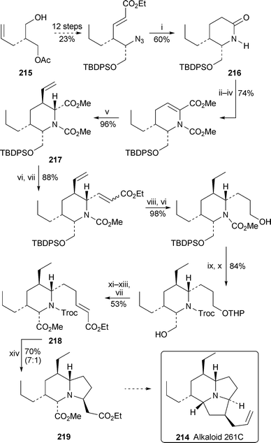 Reagents and conditions: i, H2 (1 atm), 10% Pd/C, EtOAc; ii, n-BuLi, ClCO2Me, THF, −78 °C to 0 °C; iii, LiHMDS, 5-Cl-2-NTf2-pyridine, THF, −78 °C to −40 °C; iv, Pd(PPh3)4, CO, MeOH, NEt3, DMF, 75 °C; v, (H2CCH)2CuLi, Et2O, −78 °C to −10 °C; vi, Super-Hydride, THF, 0 °C; vii, Swern oxidation, then (EtO)2POCH2CO2Et, NaH, THF, 0 °C to rt; viii, H2 (4 atm), 10% Pd/C, EtOAc; ix, dihydropyran, PPTS, CH2Cl2, rt; x, KOH (2.2 M in PriOH), 120 °C (sealed tube), then TrocCl, K2CO3, CH2Cl2–H2O; xi, Swern oxidation, then NaClO2, NaH2PO4, ButOH–H2O; xii, CH2N2, EtOAc; xii, PPTS, EtOH, 60 °C; xiv, 10% Cd–Pb; NH4OAc (1 M in THF), rt.