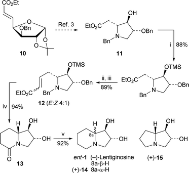 Reagents and conditions: i, (Me3Si)2NH, Me3SiCl (cat.), NH4SCN (cat.), CH2Cl2, 25 °C, 30 min; ii, DIBAL, CH2Cl2. −50 °C, 2.5 h, then aq. NH4Cl; iii, Ph3PCHCO2Et, CH2Cl2, 25 °C, 30 min; iv, HCO2NH4, 10% Pd/C, MeOH, AcOH (cat.), reflux, 1 h; v, LiAlH4, THF, 0 °C, then reflux, 8 h.