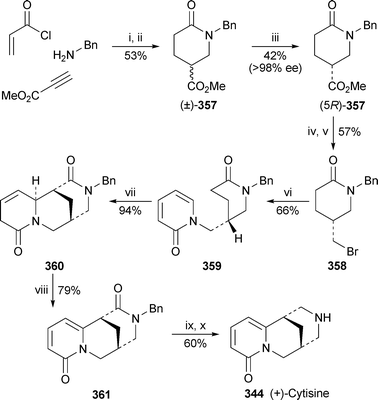 Reagents and conditions: i, HCCCO2Me + BnNH2, Et2O, rt, then H2CCHCOCl, THF, 70 °C; ii, H2 (1 atm), 10% Pd/C, Na2CO3, EtOH; iii, α-chymotrypsin, phosphate buffer (0.1 M), Me2CO, pH 7.4; iv, LiAlH4, THF; v, PBr3, PhMe; vi, 2-pyridone, K2CO3, Bu4NBr, H2O, PhMe, reflux; vii, LiHMDS (2 equiv.), THF, 70 °C (sealed tube), 15 h; viii, MnO2, CH2Cl2; ix, BH3·THF, 0 °C to rt; x, H2 (1 atm), Pd(OAc)2, MeOH, HCl.