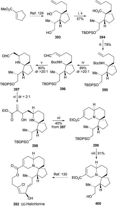 Reagents and conditions: i, TBDPSCl, NEt3, DMAP (cat.), CH2Cl2, rt, 14 h; ii, Jones reagent, Me2CO, 0 °C, 30 min, then rt, 5 h; iii, Ph2P(O)N3, NEt3, C6H6, reflux, 3 h, then ButOH, CH2Cl2, Me3SiCl, rt, 5 h; iv, MeCHCHCHO, Grubbs II catalyst, CH2Cl2, reflux, 3 h; v, TFA, CH2Cl2, rt, 3 h, then K2CO3; vi, DIBAL, NMO, THF, 0 °C, 30 min, then HCCCO2Et, 1 h, then aldehyde397, rt, 4 h; vii, Ac2O, NEt3, DMAP (cat.), CH2Cl2, 0 °C, then rt, 14 h; viii, NEt3·3HF, NEt3, MeCN, rt, 16 h.