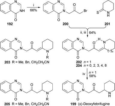 
            Reagents and conditions: i, BrCH2COCH2Br (3 equiv.), K2CO3, DMF, rt, 2 h; ii, THF, rt, 48 h; iii, N-methylpiperidine (2.5 equiv.), PPh3 (2.5 equiv.), MeCN, rt, 18 h; iv, H2 (3 atm), PtO2, MeOH–aq. HCl (8.5 M), rt, 6 h, then aq. K2CO3.