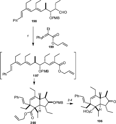 The Baldwin synthesis of spiculoic acid 196. Reagents and conditions: (1) 199, PhMe, 100 °C (25%); (2) DDQ, CH2Cl2, pH 7 buffer; (3) Pd(PPh3)4, morpholine (94% over two steps); (4) IBX, EtOAc, 70 °C (45%).