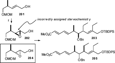 Stereochemical revision of Mehta and Kundu's triene. Reagents and conditions: (1) d-(−)-DET, TBHP, Ti(OiPr)4.