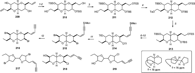 The Burton synthetic studies that produced the proposed structures of elatenyne 216 and the related compound 218. Reagents and conditions: (1) TBSOTf, Et3N, CH2Cl2, 99%; (2) O3/O2, CH2Cl2, MeOH, −78 °C, then Ph3P, −78 °C, 2 h, then NaBH4, −78 °C → rt, 2 h, 82%; (3) Et3SiCl, Et3N, CH2Cl2, 70% after one recycle; (4) TsCl, DMAP, Et3N, CH2Cl2, 93%; (5) LiBHEt3, Et2O, rt, 91%; (6) K2CO3, MeOH, 98%; (7) nPr4NRuO4, NMO, CH2Cl2, 4 Å MS, 95%; (8) Me3SiCCCH2SiMe2tBu, tBuLi, Ti(OiPr)4, THF, −78 °C, add 17, −78 °C → rt, 0.5 h, then (Me3Si)2NK, 75%; (9) TsOH, MeOH, 22 h, 75%; (10) Tf2O, Py, CH2Cl2; (11) nBu4NBr, toluene, reflux, 2 h, 14% from 19; (12) nBu4NF, THF, −5 °C, 98%.