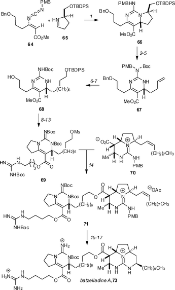 The Gin synthesis of batzelladine A. Reagents and conditions: (1) (ClCH2)2, 23 °C (89%); (2) NaH, Boc2O, DMAP, THF, 23 °C (86%); (3) TBAF, AcOH, THF, 23 °C (91%); (4) I2, PPh3, imidazole, PhMe, 23 °C (97%); (5) tBuLi, THF, −78 °C (93%); (6) CH2CH(CH2)5OTBDPS, Grubbs II, CH2Cl2, 45 °C (73%); (7) 10% Pd(OH)2, AcOH, H2 (1 atm), MeOH, CH2Cl2, 23 °C (90%); (8) DIAD, PPh3, PhMe, 23 °C (93%); (9) NaH, Boc2O, DMAP, THF, 23 °C (85%); (10) EtSLi, HMPA, 23 °C; (11) BOPCl, Et3N, CH2Cl2, 23 °C (55% over two steps); (12) TBAF, THF, 23 °C (92%); (13) MsCl, Et3N, CH2Cl2, 0 °C (91%); (14) Cs2CO3, DMF. 50 °C (68%); (15) I2, Cs2CO3, DME, 23 °C (72%); (16) 10% Pd/C, Et3N, H2 (1 atm), EtOAc (71%); (17) TFA, 0 °C (75%).