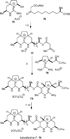 The Overman synthesis of batzelladine F. Reagents and conditions: (1) morpholine, AcOH, Na2SO4, CF3CH2OH, 60 °C (82%); (2) (Ph3P)4Pd, pyrrolidine, THF, MeOH; (3) NaBH4, AcOH; (4) HCl, then aq. NaBF4 (60% for three steps); (5) methyl acetoacetate, DMAP, PhMe, 100 °C (90%); (6) morpholine, AcOH, Na2SO4, CF3CH2OH, 60 °C (59%); (7) aq. NaBF4; (8) MsCl, Et3N, CH2Cl2, 0 °C; (9) Et3N, CHCl3, 70 °C (68% for three steps); (10) H2 (100 psi), Rh/Al2O3, HCO2H, MeOH (21%).