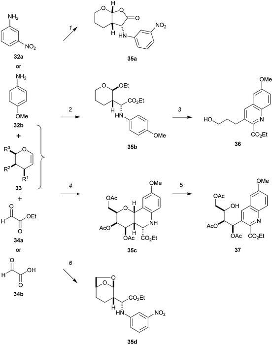 Latvilla's multicomponent reaction. Reagents and conditions: (1) Sc(OTf)3 (20%), 32a, 33, 34b, 4 Å MS, MeCN, Ar, 2 d, rt, d.r. 70 : 30, 83%, [R1,R2,R3 = H]; (2) Sc(OTf)3 (20%), 32b, 33, 34a, EtOH, d.r. 2 : 3 : 1, 82%, [R1,R2,R3=H]; (3) TFA (O2), MeCN–H2O, 71%; (4) Sc(OTf)3 (20%), 32b, 33, 34a, single stereoisomer, [R1,R2 =OAc; R3 =(R)-CH2OAc]; (5) CAN, MeCN, 58%; (6) Sc(OTf)3 (20%), 32a, 33, 34a, d.r. 2 : 5 : 1, 46%, [R1,R2 = H, R3= (R)-CH2OH].