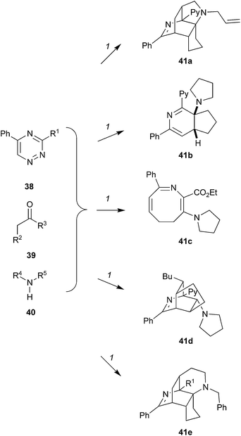 Taylor's cascade for the synthesis of polycyclic compounds. Reagents and conditions: (1) 4 Å MS, CHCl3, Δ; 41a: 96% [R1 = Py, R2,R3 = –(CH2)3–, R4,R5 = allyl]; 41b: 83% [R1 = Py, R2,R3 = –(CH2)3–, R4,R5 = –(CH2)4–]; 41c: 56% [R1= CO2Et, R2,R3 = –(CH2)2–, R4,R5= –(CH2)4–]; 41d: 67% [R1 = Py, R2 = trans-3-octane, R3 = H, R4, R5 = –(CH2)4–]; 41e: 39% [R1 = CO2Et, R2,R3 = –(CH2)3–, R4 = Bn, R5 = but-3-enyl]. Py = 2-pyridyl.