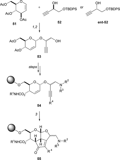 Summary of Schreiber's pairwise use of Ferrier and Pauson–Khand reactions for the synthesis of polycyclic skeletons. Reagents and conditions: (1) cat. BF3·OEt2, CH2Cl2, −78 to −20 °C, 92%; (2) TBAF, AcOH, THF; purification, 72%; (3) Co2(CO)8, CH2Cl2; NMO, CH2Cl2–CH3CN.