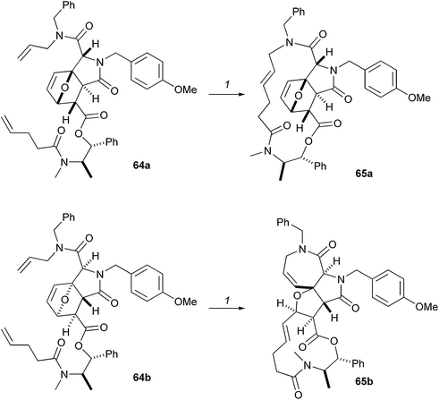 Stereochemical control of skeletal diversity. Reagents and conditions: (1) 10 mol% Grubbs' 2nd-gen. cat., CH2Cl2, [65a: 87%; 65b: 65%].