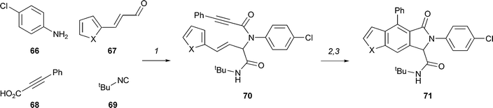 Summary of Yang's approach to the diversity-oriented synthesis of benzofurans and indoles. Reagents and conditions: (1) MeOH, 25 °C, 12 h; (2) xylene, 140 °C; (3) CH2Cl2–benzene (1 : 25), DDQ, (X = O, 87% over 3 steps; X = NMe, 61% over 3 steps).