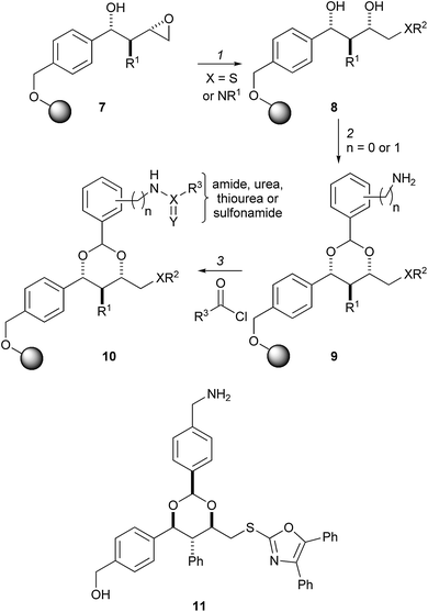 Schreiber's split-pool synthesis of 1,3-dioxanes with high substitutional diversity. Reagents and conditions: (1) R2SH or R1R2NH; (2) (i) ArCH(OMe)2, Me3SiCl, HCl, dioxane; (ii) PPTS, THF–MeOH; (iii) piperidine; (iv) Me3SiCl; (3) amide, urea, thiourea or sulfonamide formation.