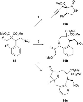 Porco's branching strategy from the Michael adduct 85. Reagents and conditions: (1) Zn, AcOH–THF, then Na2CO3 (aq.) [R1 = CCMe, R2 = H], 92%; (2) Grubbs' 1st-gen. cat., ethylene, MW, 150 W, 50 °C, CH2Cl2 [R1 = allyl, R2 = CCCH2OMe], ≥86%; (3) Co2(CO)8, MW, 150 W, 80 °C, CH2Cl2 [R1 = CCH, R2 = allyl], 67%.