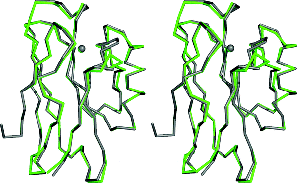 Overlay (prepared with Pymol) of the Cα traces, and the copper ions, of AZ (4AZU,14 chain A, grey) and AZPC (2HX7,87 chain A, green).