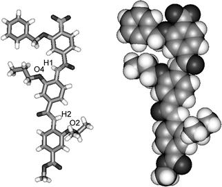 X-Ray crystal structure of compound 8abc shown in stick (left) and CPK (right) format. Key distances H1–O4 = 2.155 Å and H2–O2 = 2.132 Å.