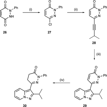 
          Reagents and conditions: (i) POCl3, Δ, 77%; (ii) 3-methyl-1-butyne, (i-Pr)2NH, Bu4NI, CuI, Pd(PPh3)4, THF, 80 °C (sealed vessel), 99%; (iii) N-aminopyridinium mesitylenesulfonate (2 equiv.), K2CO3, DMF, 120 °C, 50%; (iv) Zn, AcOH, Δ, 84%.