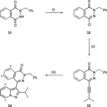 
          Reagents and conditions: (i) POCl3, Δ, 17%; (ii) 3-methyl-1-butyne, (i-Pr)2NH, Bu4NI, CuI, Pd(PPh3)4, THF, 80 °C (sealed vessel), 91%; (iii) N-aminopyridinium mesitylenesulfonate (2 equiv.), K2CO3, DMF, 100 °C, 40%.