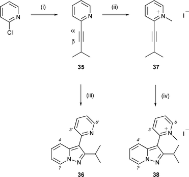 
          Reagents and conditions: (i) 3-methyl-1-butyne, (i-Pr)2NH, CuI, Pd(PPh3)4, THF, 70 °C (sealed vessel), 41%; (ii) MeI, THF, 60 °C, 72%; (iii) N-aminopyridinium mesitylenesulfonate (2 equiv.), K2CO3 (4 equiv.), DMF, 80 °C, 10%; (iv) N-aminopyridinium mesitylenesulfonate (2 equiv.), K2CO3 (4 equiv.), DMF, 95 °C, 18 h, 39%.