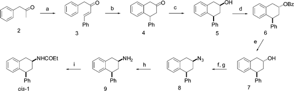 Precedented synthetic approach. Reagents: (a) PhCHO, NaOH, water, 60 °C, 18 h; (b) PPA, xylene, reflux, 2 h; (c) NaBH4, MeOH, reflux, 16 h; (d) DEAD, (C6H5)3P, PhCOOH, THF, 55 °C, 4 h; (e) NaOH, MeOH, reflux, 2 h; (f) TsCl, Py, 5 °C, 5 days; (g) NaN3, DMF–H2O, 50 °C, 4 h; (h) H2 (4 atm.) 10% Pd/C, 2-propanol, rt, 24 h; (i) (C2H5CO)2O, Et3N, toluene, rt, 24 h.