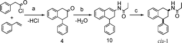 Novel synthetic approach. Reagents: (a) AlCl3, CH2Cl2, 0 °C 30 min; (b) propylamide, PTSA cat., toluene, reflux, 4 h; (c) TES, TFA, −10 °C, 10 min.