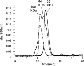 Size-exclusion (G-75) gel filtration HPLC analysis of modified hemoglobins run under conditions that cause dissociation of tetramers into dimers:21 native hemoglobin (solid line); modified hemoglobin mixture (dotted line); cross-linked dendritic-hemoglobin (dashed line).