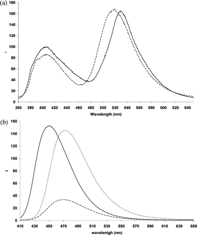 (a) Fluorescence emission of 3HF in neat methanol () and MeOH 50%aq (). (b) Fluorescence spectra of complexes Al(3HF)2+ (), Zn(3HF)+ (), Pb(3HF)+ (⋯). Important: as far as the intensities are concerned, spectra are not directly comparable within the same figure as they have been adjusted (by multiplication for a “normalization” factor) in order to keep all spectra in the same figure.