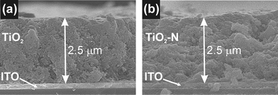 
          Scanning electron micrograph of a cross-section of unmodified TiO2 (a) and TiO2–N modified at 400 °C (b) deposited on ITO-glass substrate . The electrodes were mechanically fractioned.