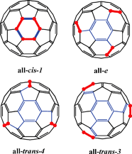 Trisadducts of C60 with C3 rotational axis. The sites of addition are indicated with a red bond and a dot. Different addition patterns carve out different π-chromophores.