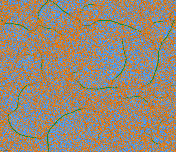 Initial stage of a forming filamentous network at T = 0.41 (500 × 500 hexagonal grid, grid spacing l0 = 3.5, spring coefficient k = 1/15, started from the homogeneous phase). Snapshot taken at time t = 5024 LJu.