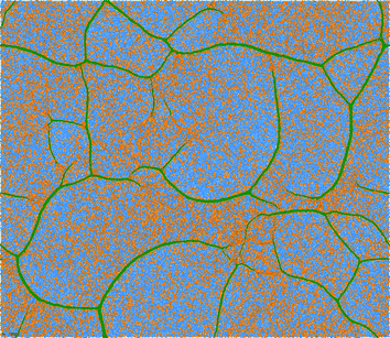 Further developed filamentous network at t = 7656 LJu slightly below the transition temperature (T = 0.41 < T*). Model parameters as for Fig. 6. Finite size effects are negligible.