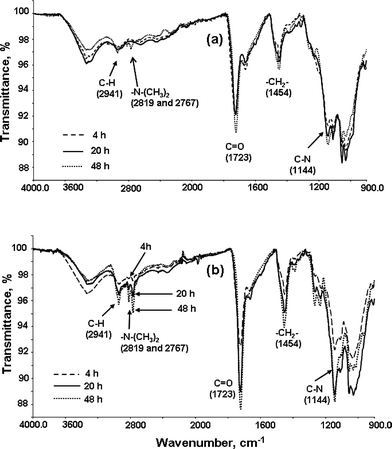 Overlay of the ATR FT-IR spectra of cellulose-g-PDMAEMA copolymers (a) synthesized using 0.5 M monomer concentration; (b) synthesized using 2.0 M monomer concentration.