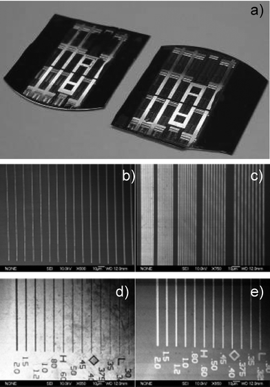 Large area fabrication of metallic structures on 1 inch silicon wafer substrates. a) Full pattern transfer of gold structures (left) and aluminium (right). SEM images of b) isolated gold lines ranging from 2.0 μm (right) to 300 nm (left), c) close packed gold gratings ranging from 2.0 μm (right) to 500 nm (left) on silicon, d) isolated aluminium trenches ranging from 2.0 μm (left) to 300 nm (right) on silicon, and e) isolated aluminium lines ranging from 2.0 μm (left) to 300 nm (right) on silicon.