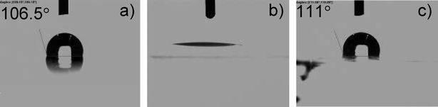 Contact angle images of deionized water on a) unmodified PDMS, b) plasma treated PDMS (PDMSox), and c) fluorinated oxide PDMS (PDMSF–ox).