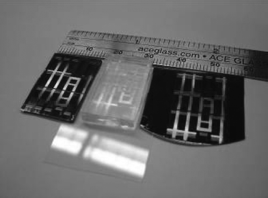 Master (left), mold (center), and imprint (right) demonstrating the high fidelity capability of PDMSF–ox molds over large areas. The patterned area shown measures over 3 cm2.