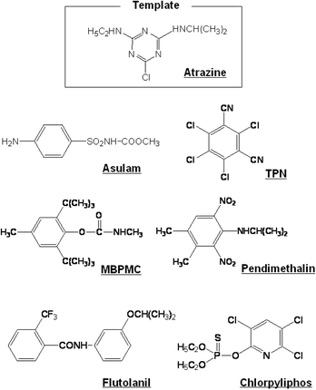 Structure of atrazine and agrochemicals used for assessing the selectivity of the imprinted polymer-based sensor chip (IP17.4) and the non-imprinted polymer-based one (BP17.4).